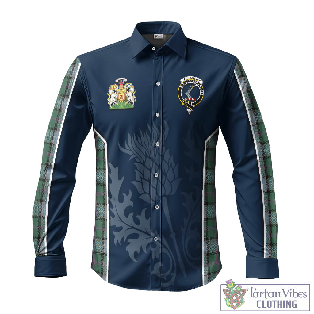 Tartan Vibes Clothing Alexander of Menstry Hunting Tartan Long Sleeve Button Up Shirt with Family Crest and Scottish Thistle Vibes Sport Style