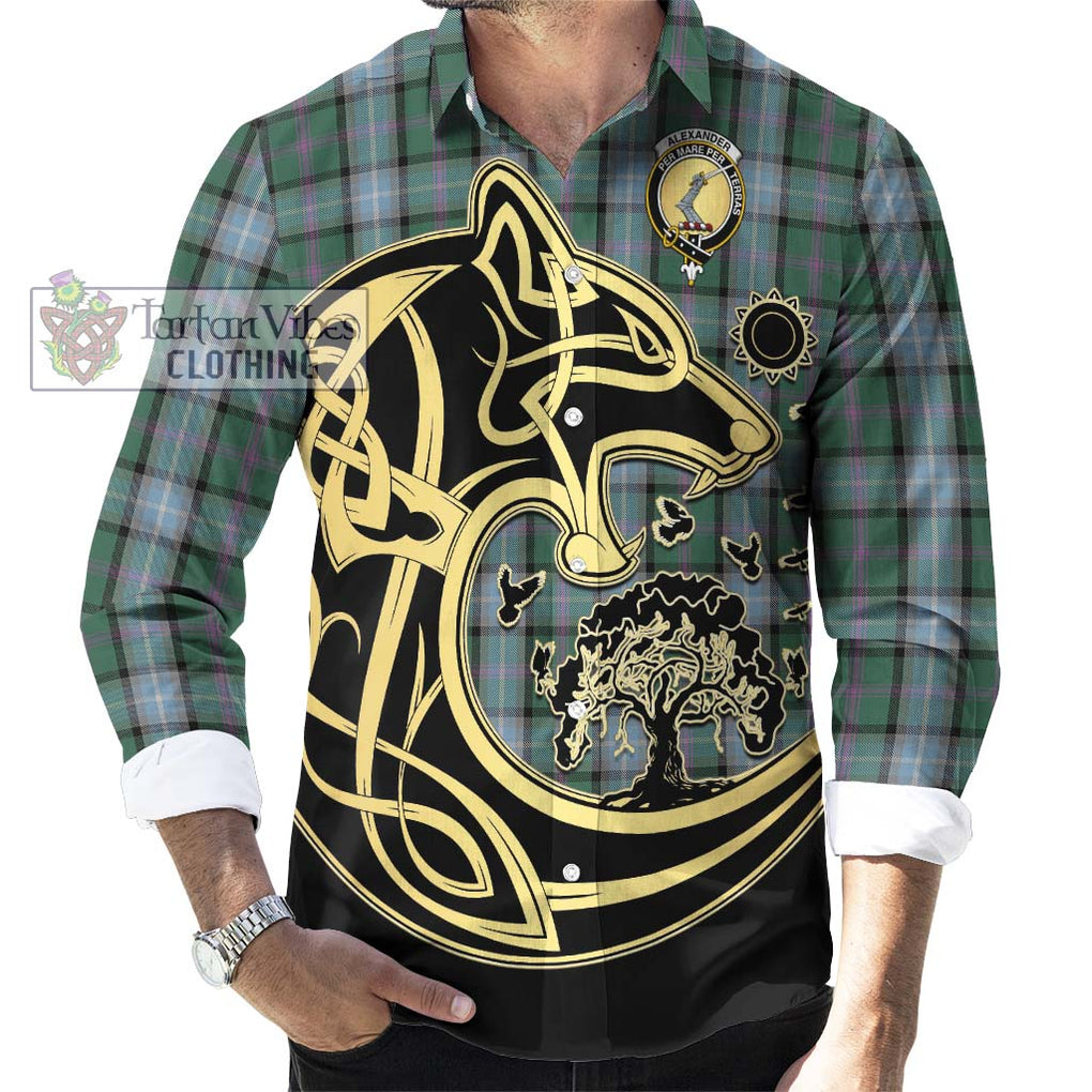 Alexander of Menstry Hunting Tartan Long Sleeve Button Shirt with Family Crest Celtic Wolf Style - Tartan Vibes Clothing