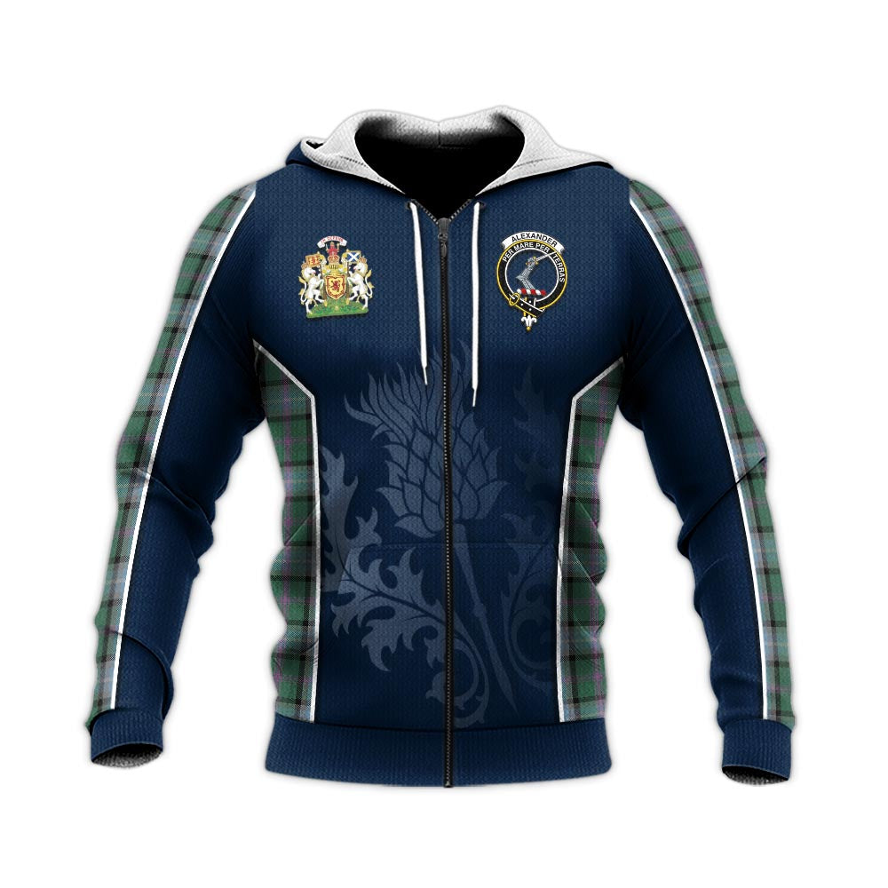 Tartan Vibes Clothing Alexander of Menstry Hunting Tartan Knitted Hoodie with Family Crest and Scottish Thistle Vibes Sport Style