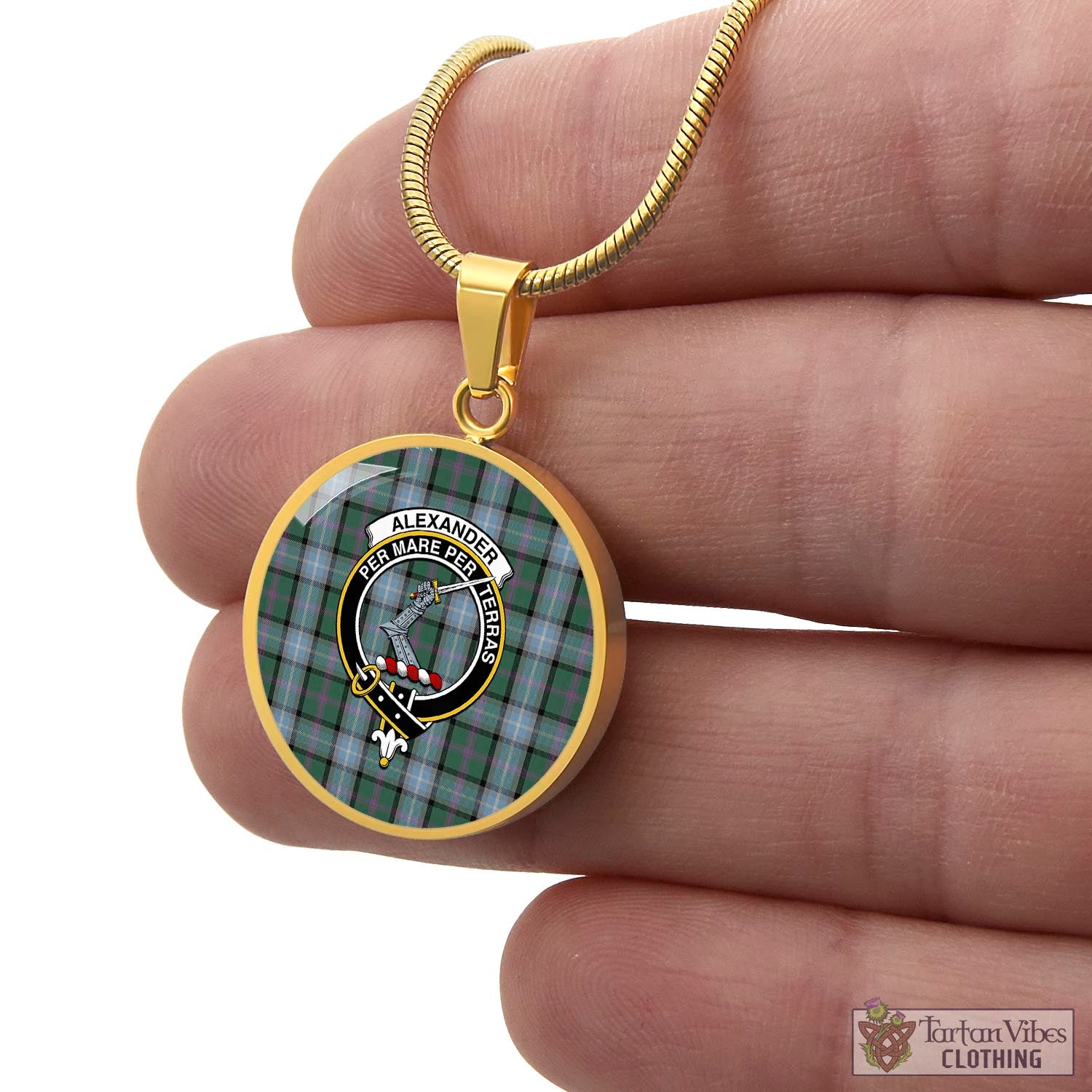 Tartan Vibes Clothing Alexander of Menstry Hunting Tartan Circle Necklace with Family Crest