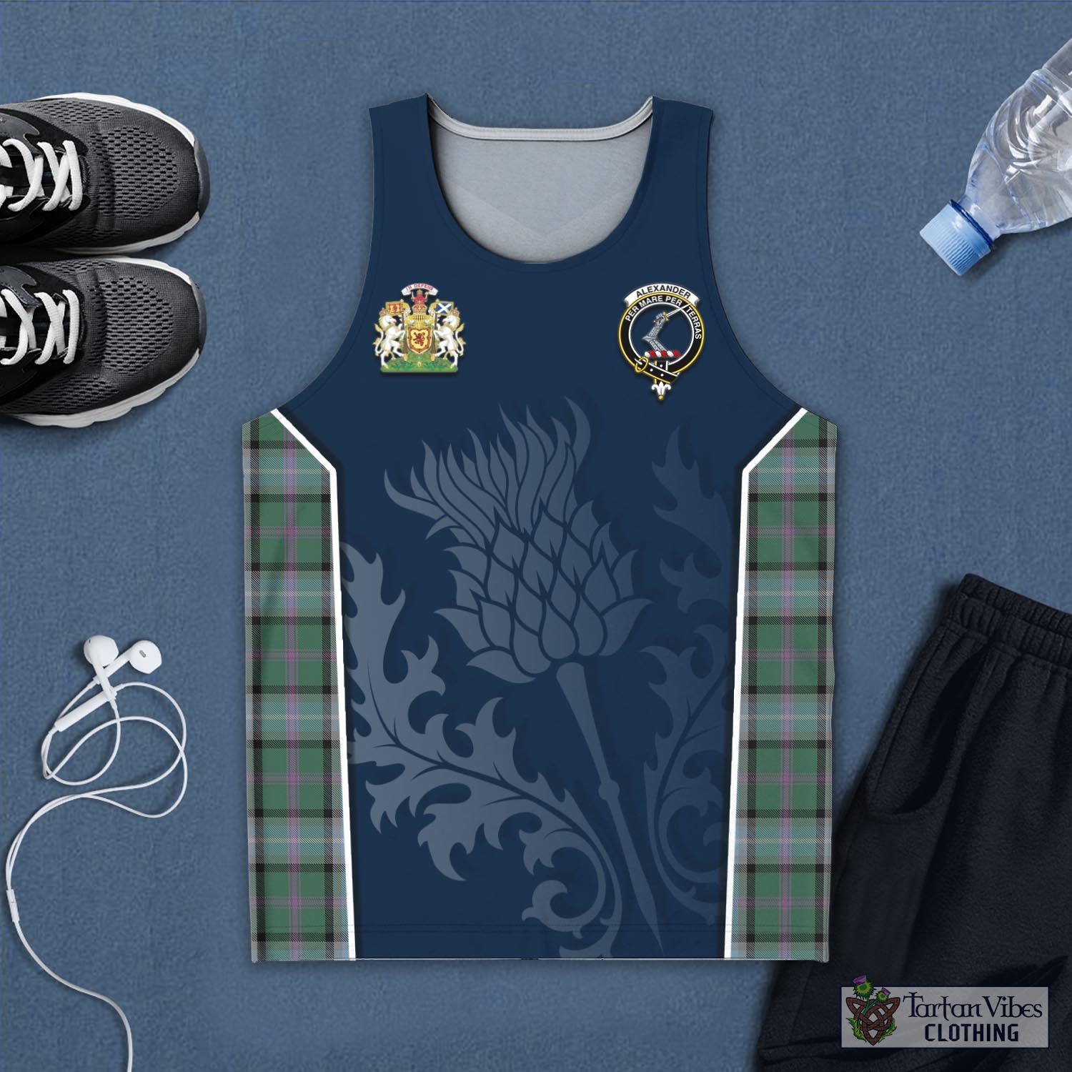 Tartan Vibes Clothing Alexander of Menstry Hunting Tartan Men's Tanks Top with Family Crest and Scottish Thistle Vibes Sport Style