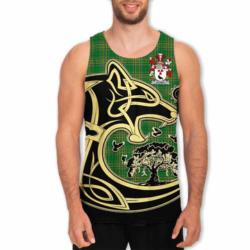 Algeo Irish Tartan Men's Tank Top with Coat of Arms Celtic Wolf Style