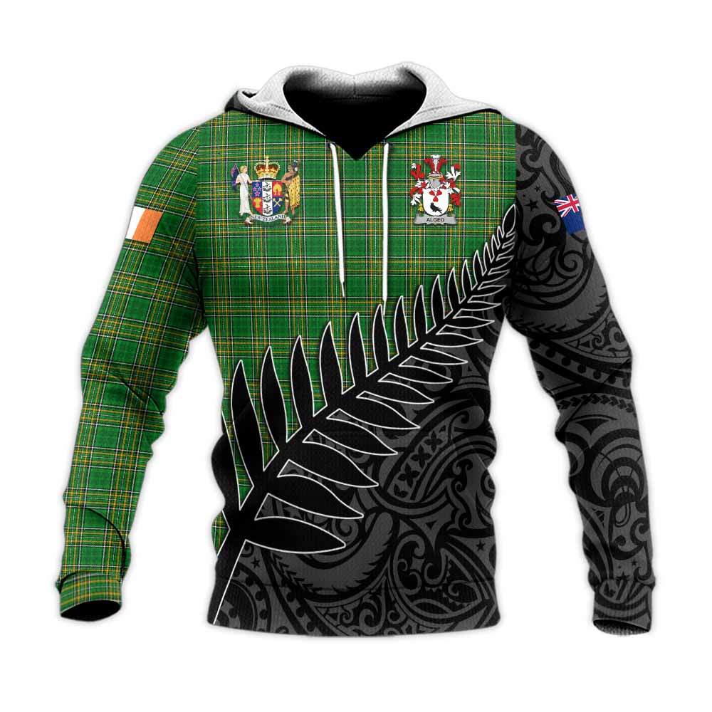 Tartan Vibes Clothing Algeo Irish Clan Tartan Knitted Hoodie with Coat of Arms New Zealand Silver Fern Half Style