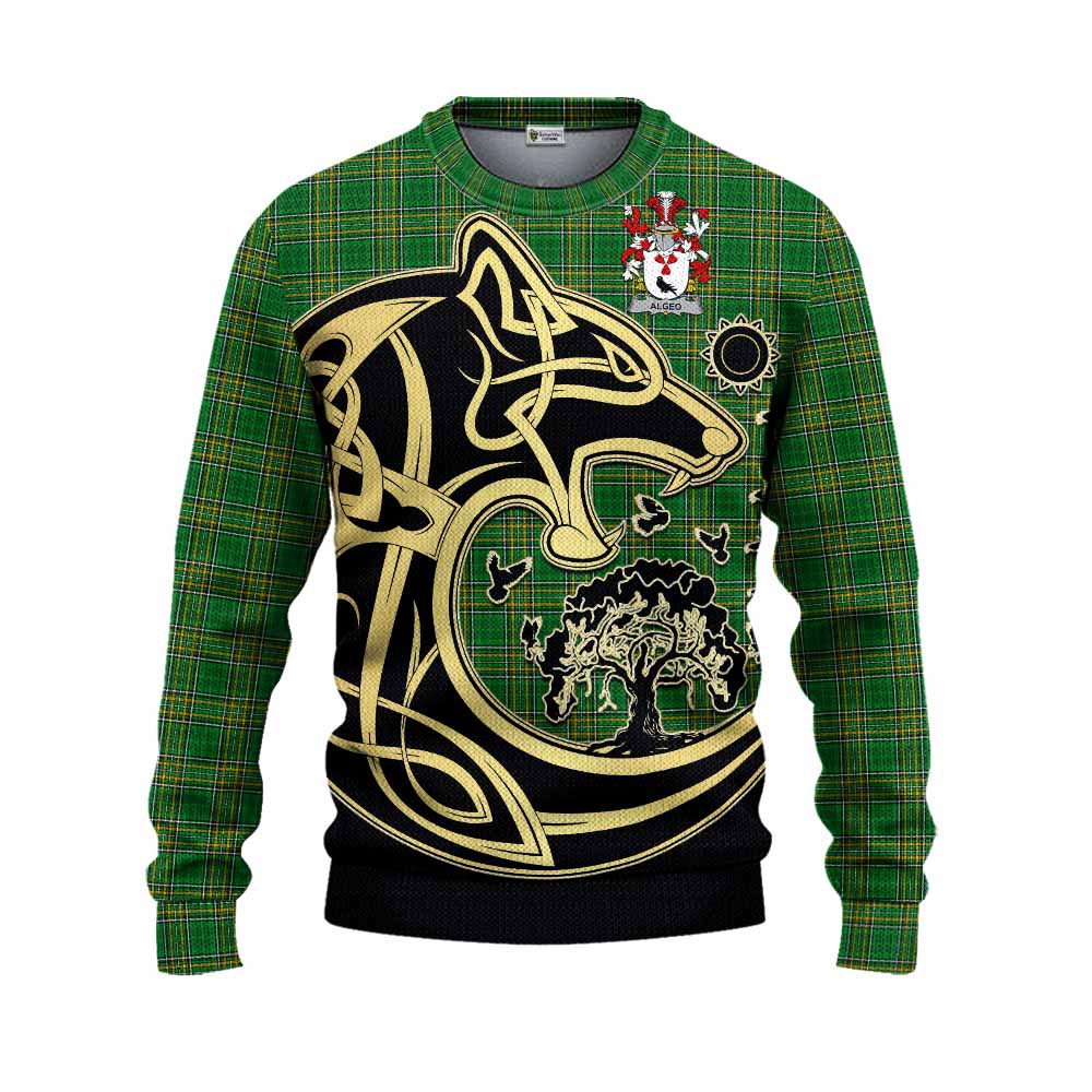 Tartan Vibes Clothing Algeo Irish Tartan Knitted Sweater with Coat of Arms Celtic Wolf Style