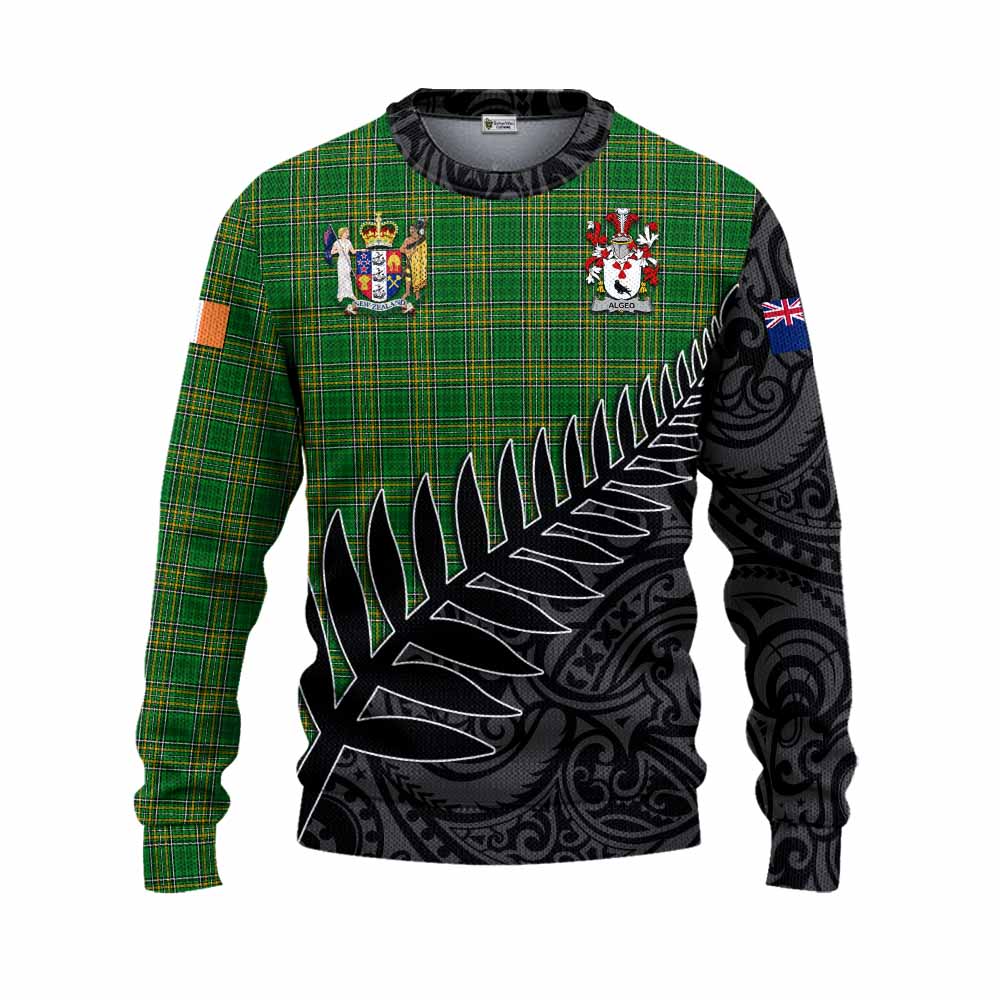 Tartan Vibes Clothing Algeo Irish Clan Tartan Knitted Sweater with Coat of Arms New Zealand Silver Fern Half Style