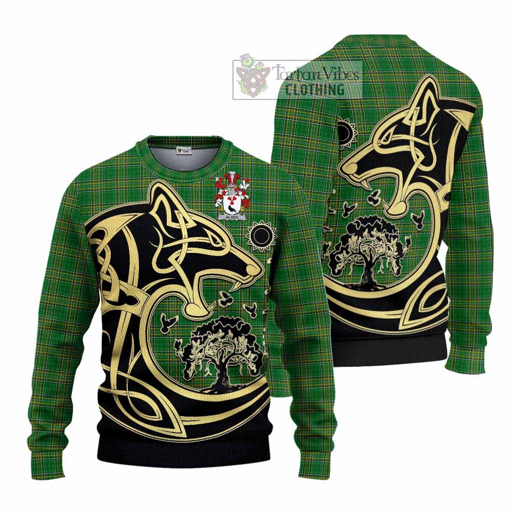 Tartan Vibes Clothing Algeo Irish Tartan Knitted Sweater with Coat of Arms Celtic Wolf Style