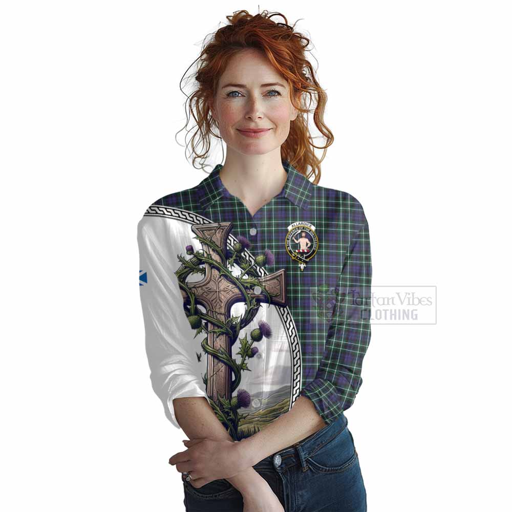 Tartan Vibes Clothing Allardice Tartan Women's Casual Shirt with Family Crest and St. Andrew's Cross Accented by Thistle Vines