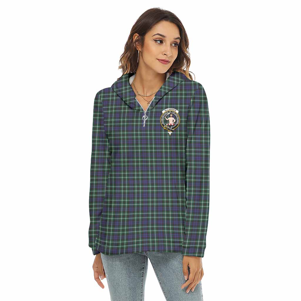 Allardice Tartan Women's Borg Fleece Hoodie with Half Zip with Family Crest Female - Tartan Vibes Clothing