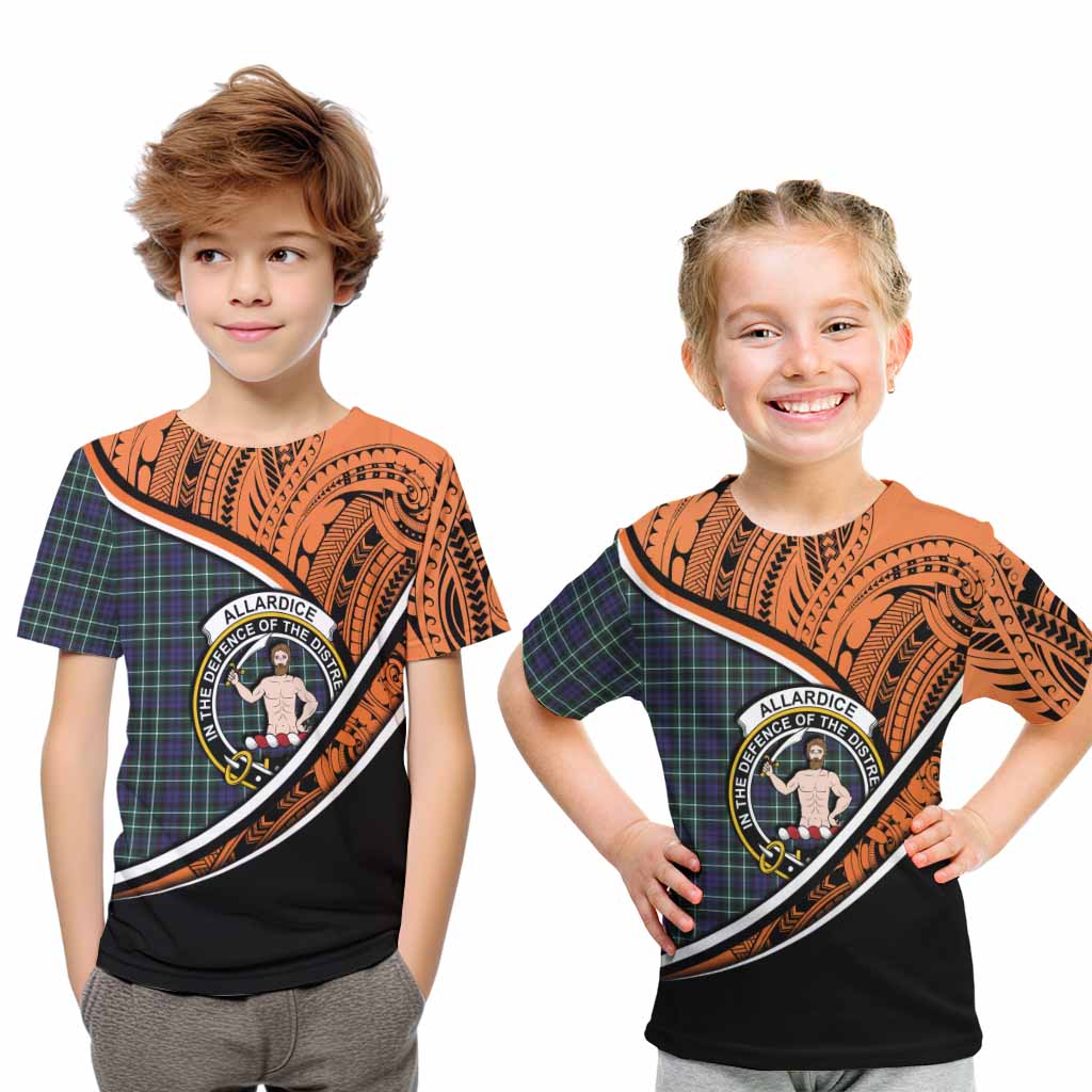 Tartan Vibes Clothing Allardice Crest Tartan Kid T-Shirt with Maori Tattoo Style - Orange Version