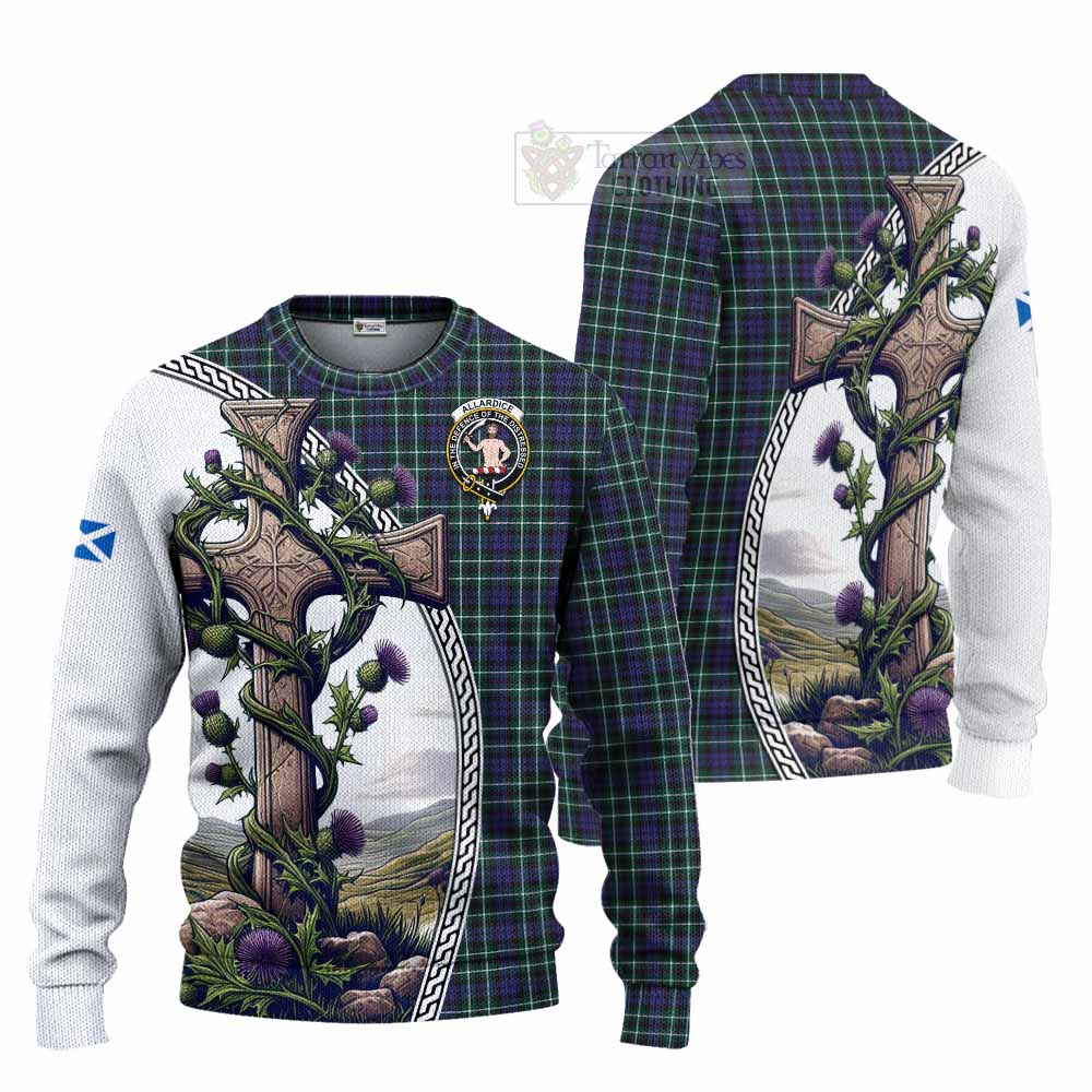 Tartan Vibes Clothing Allardice Tartan Knitted Sweater with Family Crest and St. Andrew's Cross Accented by Thistle Vines