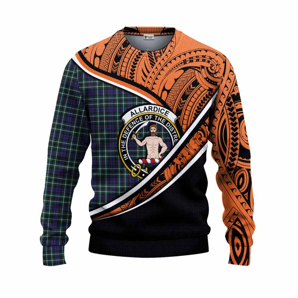 Tartan Vibes Clothing Allardice Crest Tartan Knitted Sweater with Maori Tattoo Style - Orange Version