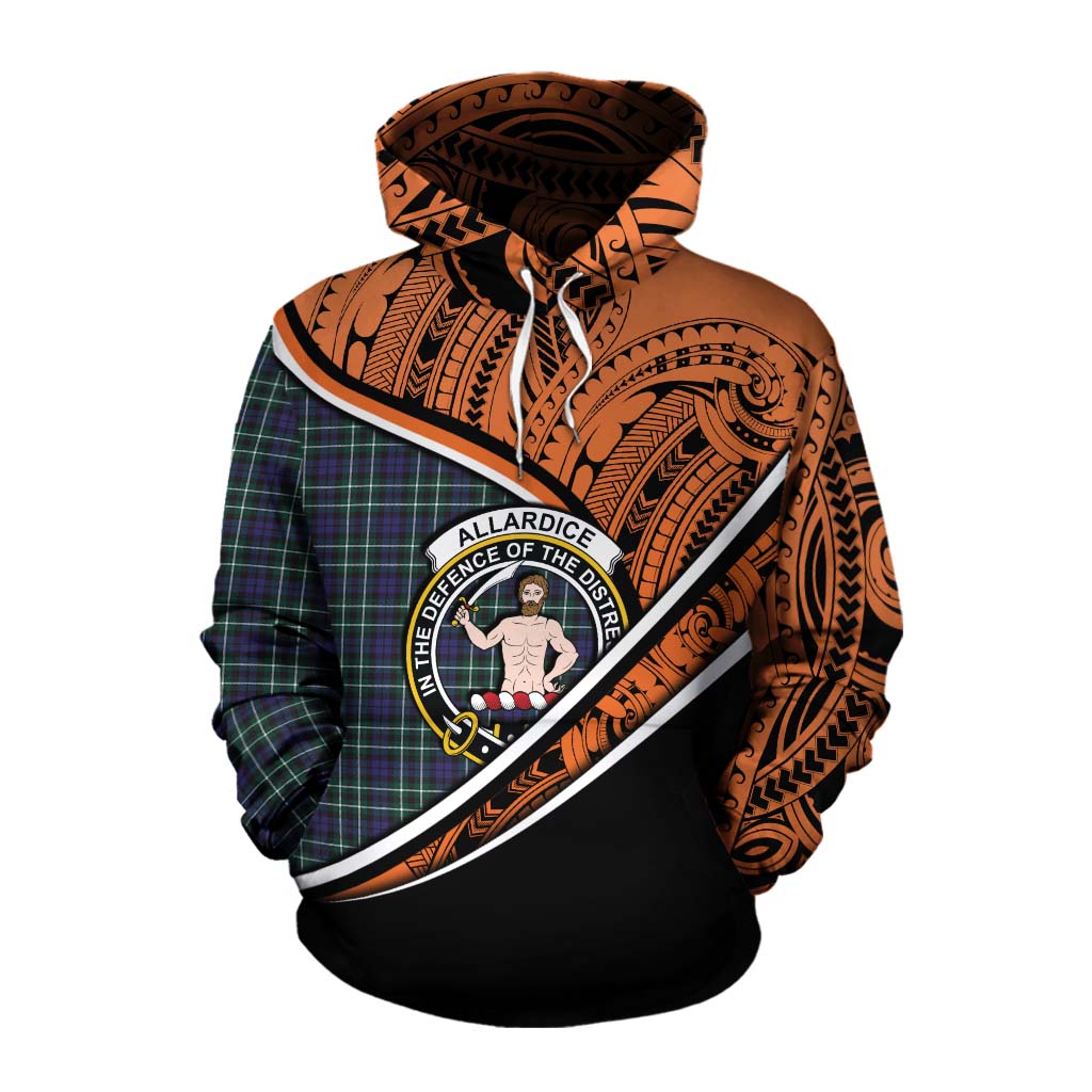 Tartan Vibes Clothing Allardice Crest Tartan Cotton Hoodie with Maori Tattoo Style - Orange Version