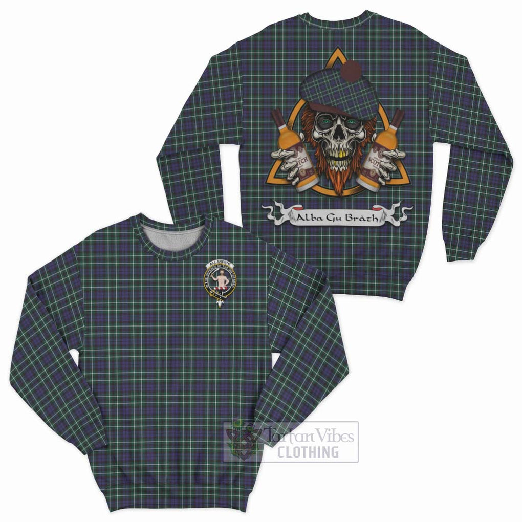 Tartan Vibes Clothing Allardice Tartan Sweatshirt with Family Crest and Bearded Skull Holding Bottles of Whiskey