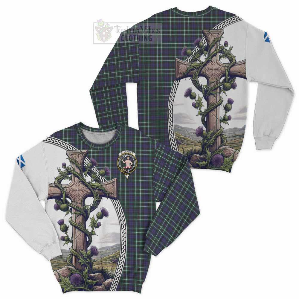 Tartan Vibes Clothing Allardice Tartan Sweatshirt with Family Crest and St. Andrew's Cross Accented by Thistle Vines