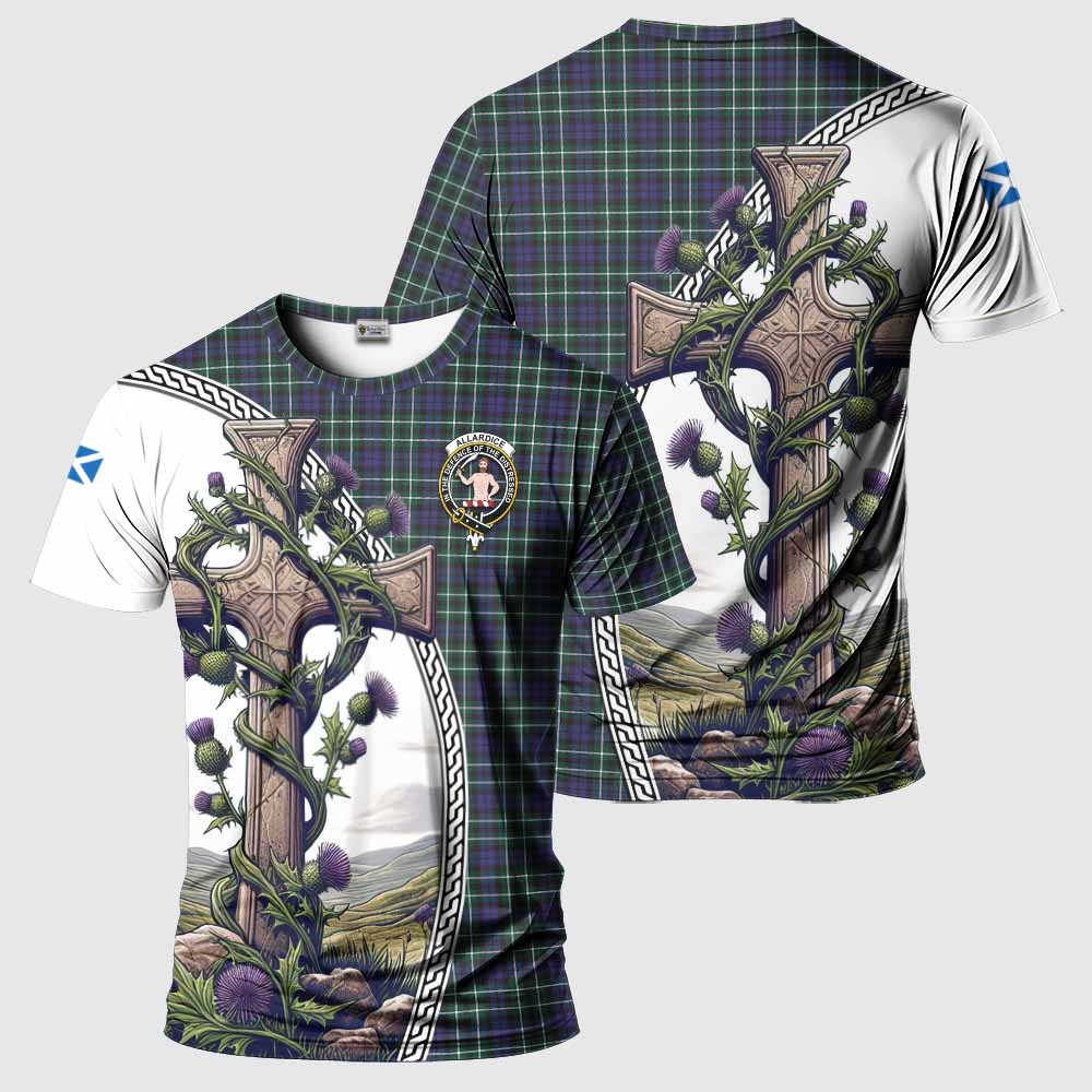 Tartan Vibes Clothing Allardice Agnew Tartan T-Shirt with Family Crest and St. Andrew's Cross Accented by Thistle Vines