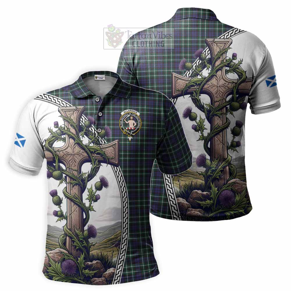 Tartan Vibes Clothing Allardice Tartan Polo Shirt with Family Crest and St. Andrew's Cross Accented by Thistle Vines