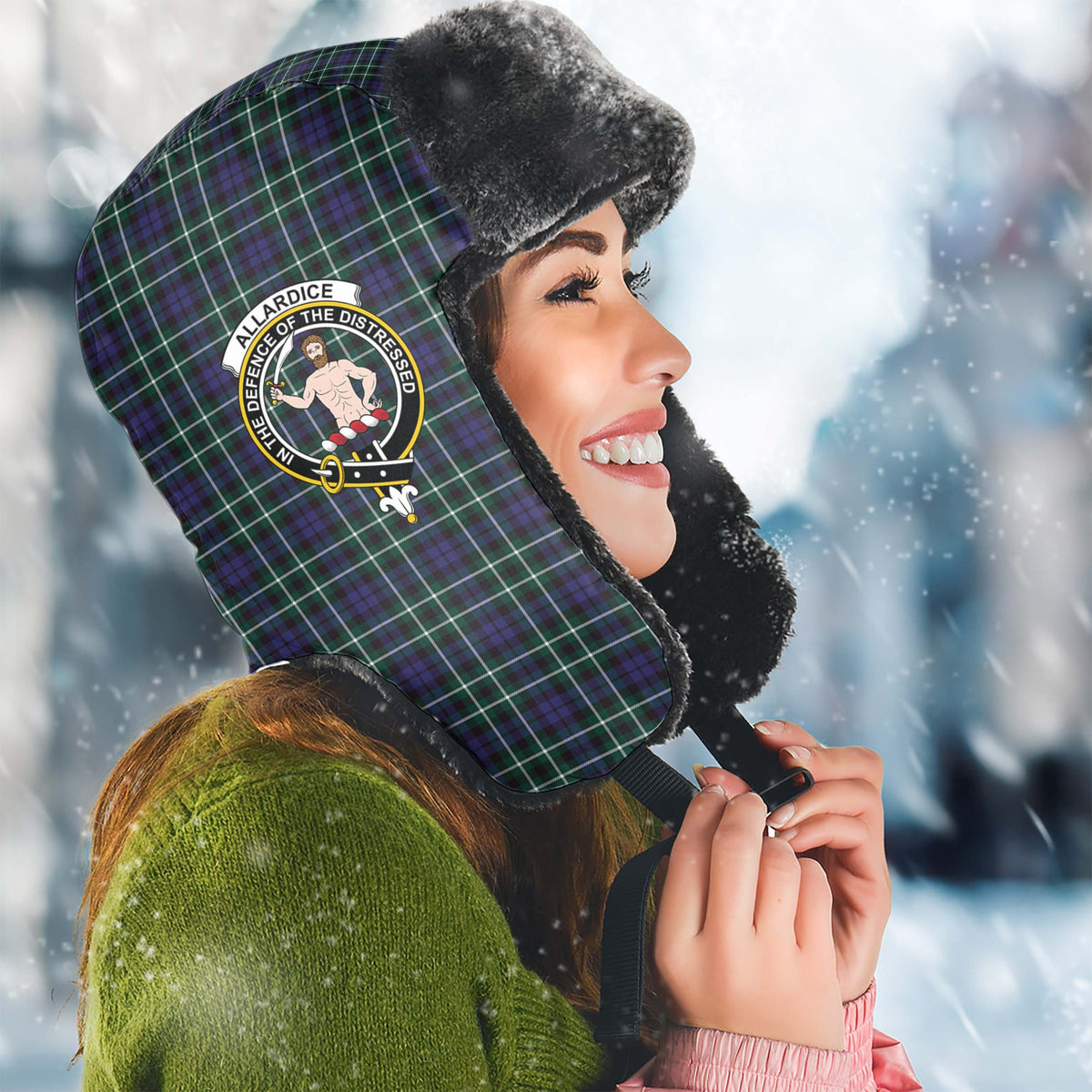 Allardice Tartan Winter Trapper Hat with Family Crest Winter Trapper Hat Universal Fit Circumference 22.8in (58cm) - Tartan Vibes Clothing