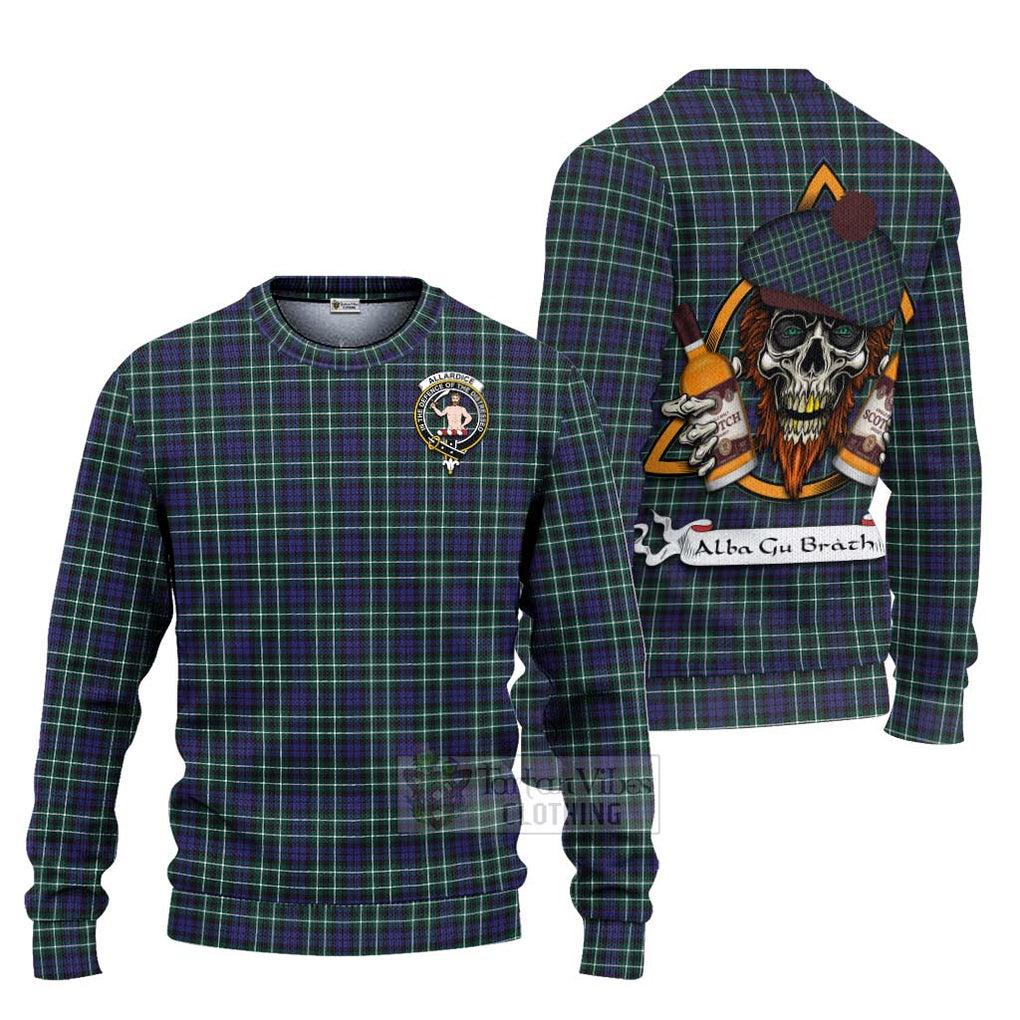 Tartan Vibes Clothing Allardice Tartan Knitted Sweater with Family Crest and Bearded Skull Holding Bottles of Whiskey