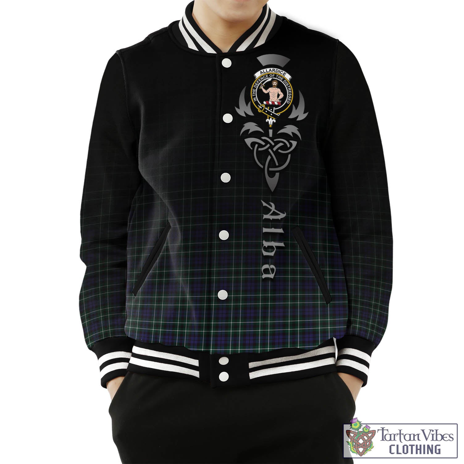 Tartan Vibes Clothing Allardice Tartan Baseball Jacket Featuring Alba Gu Brath Family Crest Celtic Inspired