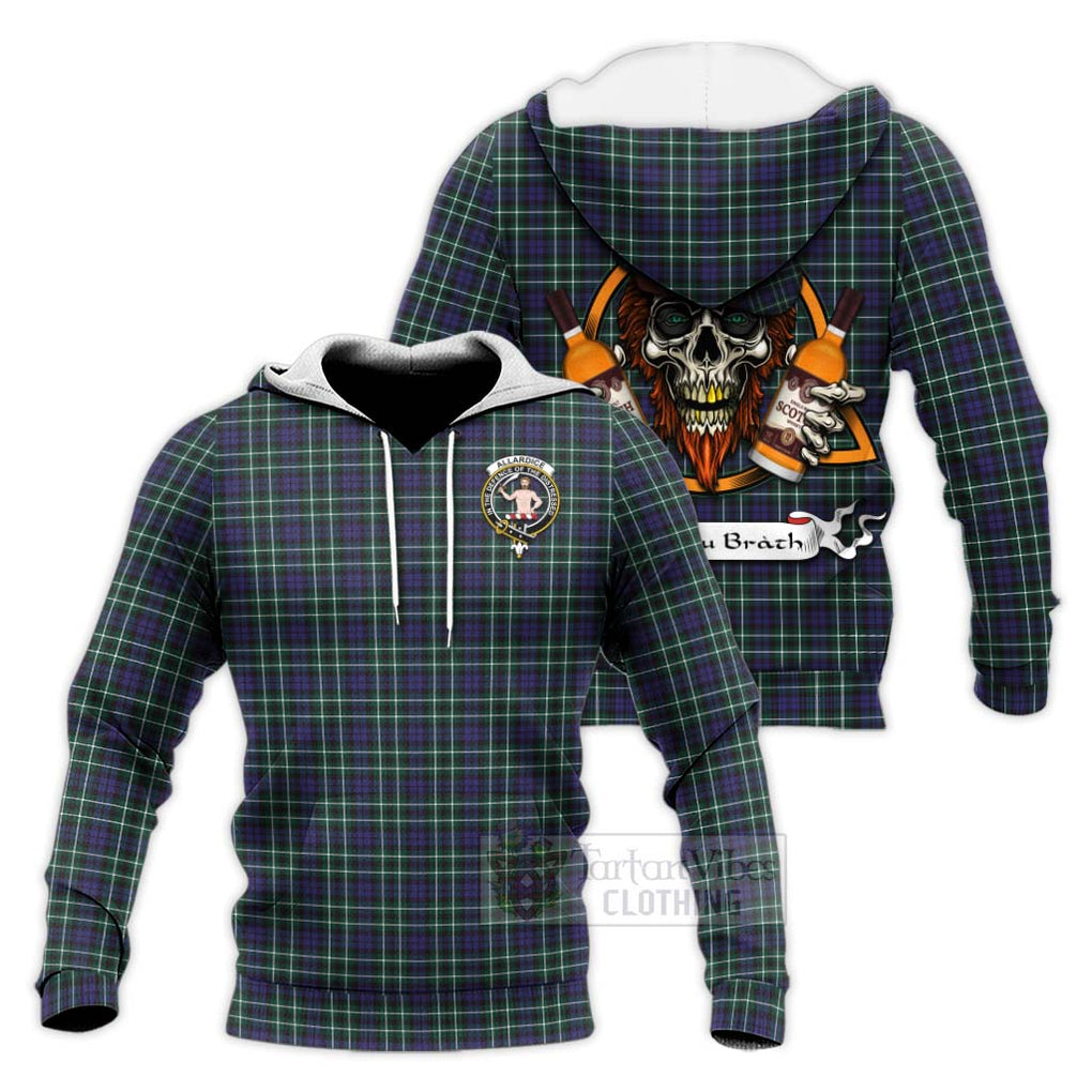 Tartan Vibes Clothing Allardice Tartan Knitted Hoodie with Family Crest and Bearded Skull Holding Bottles of Whiskey