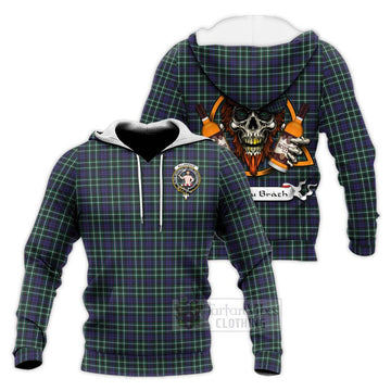 Allardice Tartan Knitted Hoodie with Family Crest and Bearded Skull Holding Bottles of Whiskey