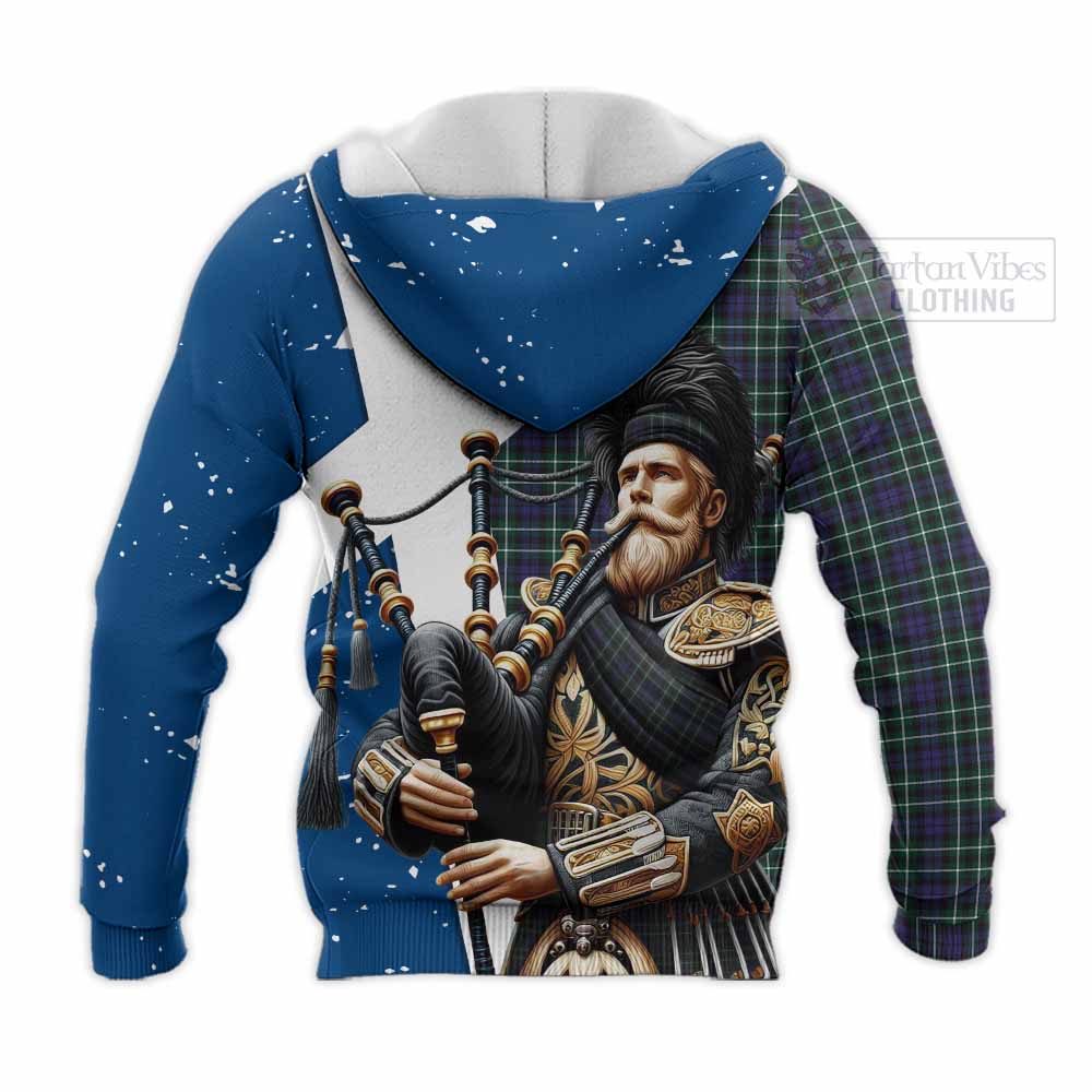 Tartan Vibes Clothing Allardice Tartan Knitted Hoodie with Family Crest Scottish Bagpiper Vibes