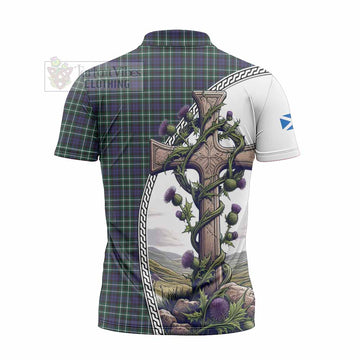 Allardice Tartan Zipper Polo Shirt with Family Crest and St. Andrew's Cross Accented by Thistle Vines - Tartan Vibes Clothing