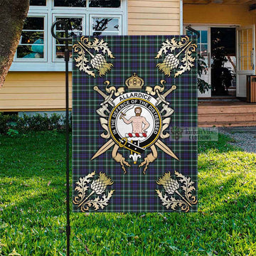 Allardice Tartan Flag with Family Crest and Golden Thistle Crossed Sword Design