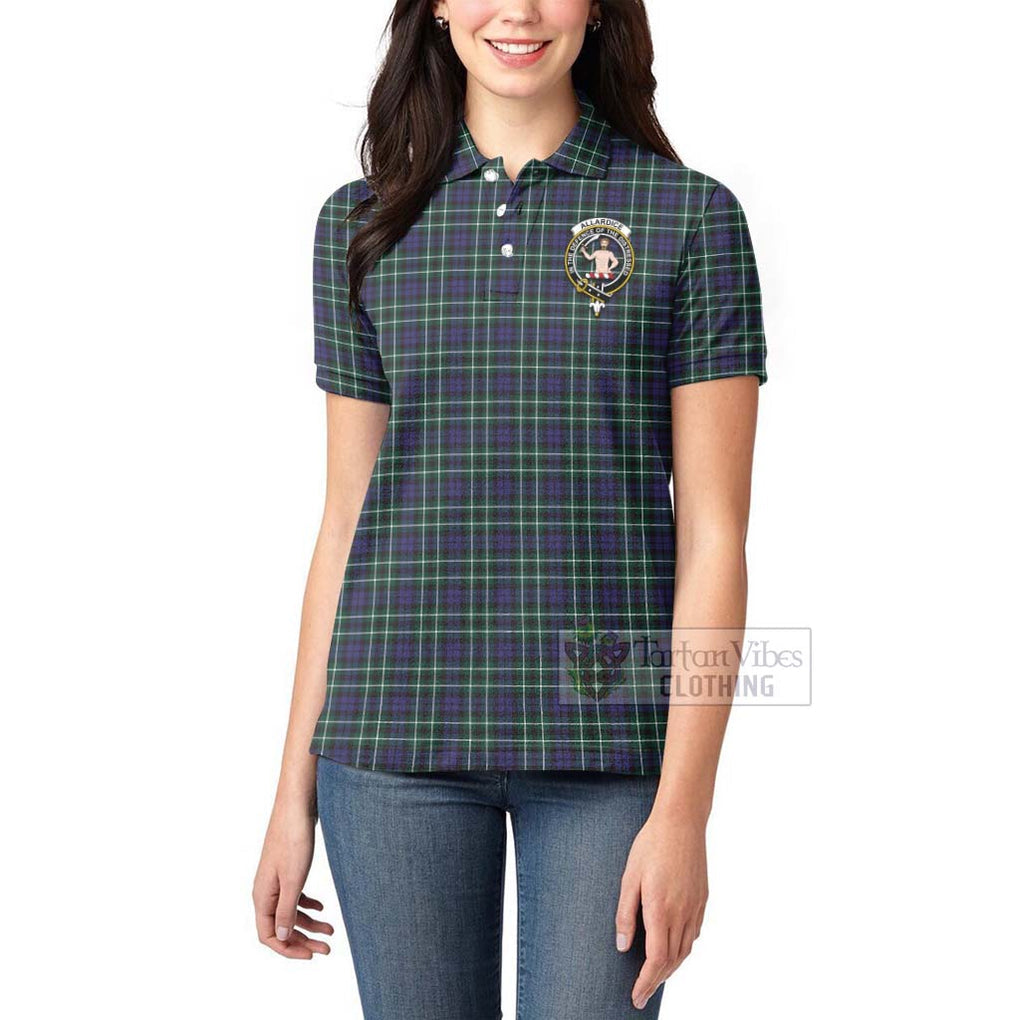 Tartan Vibes Clothing Allardice Tartan Women's Polo Shirt with Family Crest and Bearded Skull Holding Bottles of Whiskey