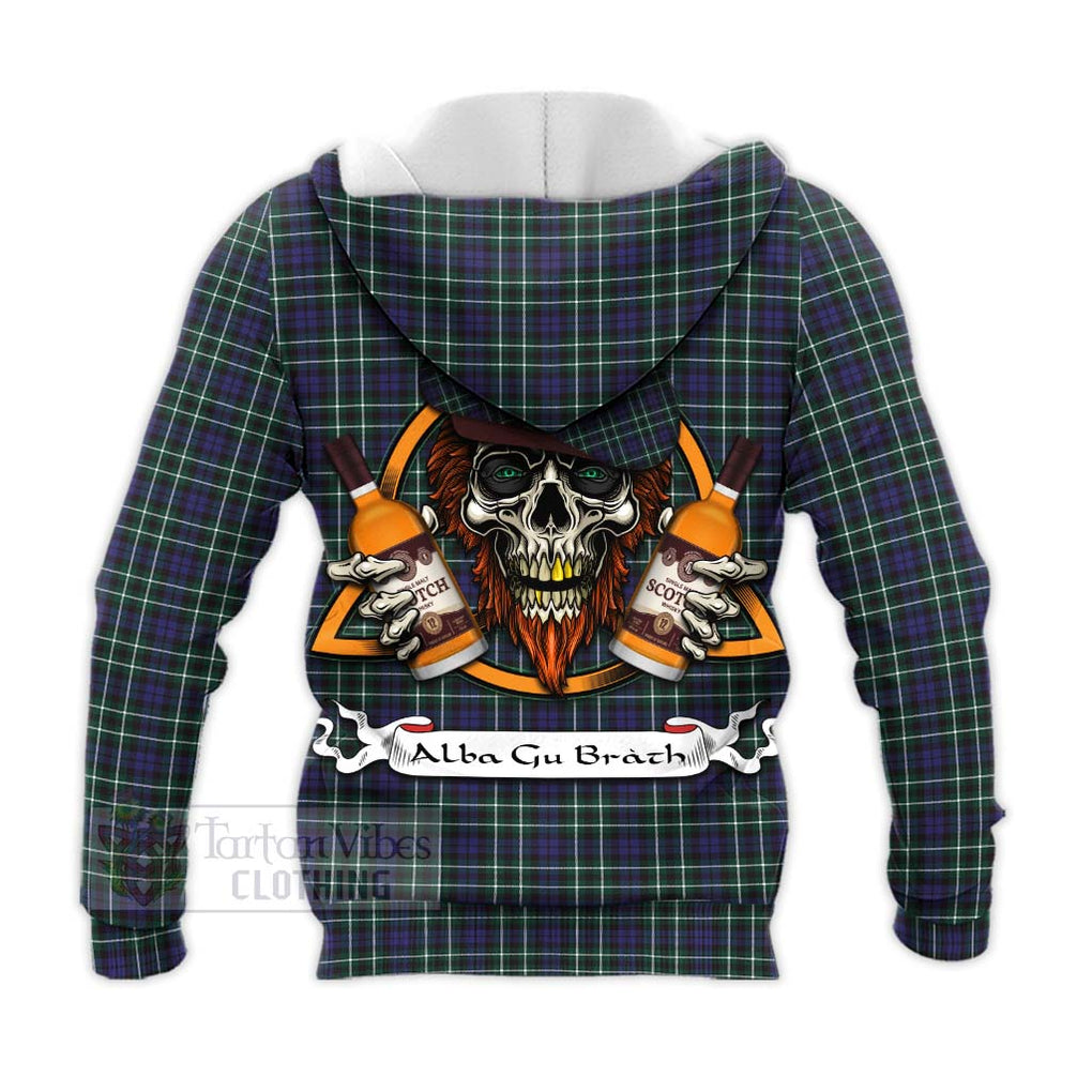 Tartan Vibes Clothing Allardice Tartan Knitted Hoodie with Family Crest and Bearded Skull Holding Bottles of Whiskey