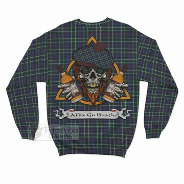 Allardice Tartan Sweatshirt with Family Crest and Bearded Skull Holding Bottles of Whiskey