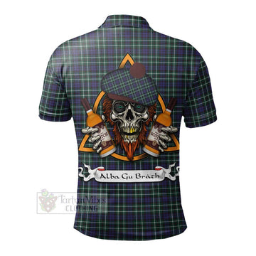 Allardice Tartan Polo Shirt with Family Crest and Bearded Skull Holding Bottles of Whiskey