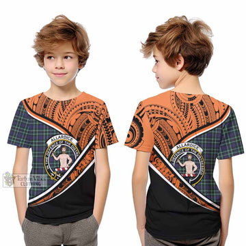 Allardice Crest Tartan Kid T-Shirt with Polynesian Vibes Style - Orange Version