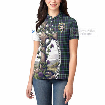 Allardice Tartan Women's Polo Shirt with Family Crest and St. Andrew's Cross Accented by Thistle Vines