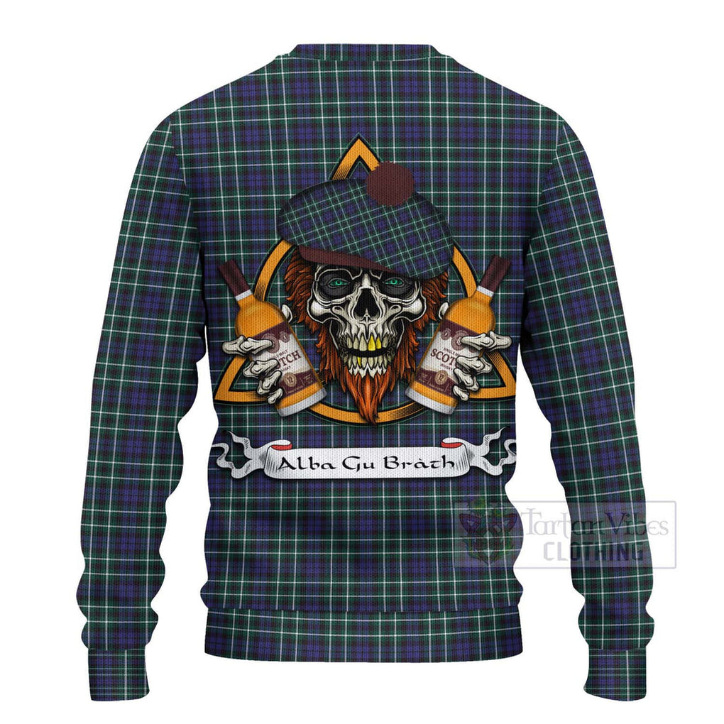 Tartan Vibes Clothing Allardice Tartan Knitted Sweater with Family Crest and Bearded Skull Holding Bottles of Whiskey