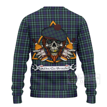 Allardice Tartan Ugly Sweater with Family Crest and Bearded Skull Holding Bottles of Whiskey