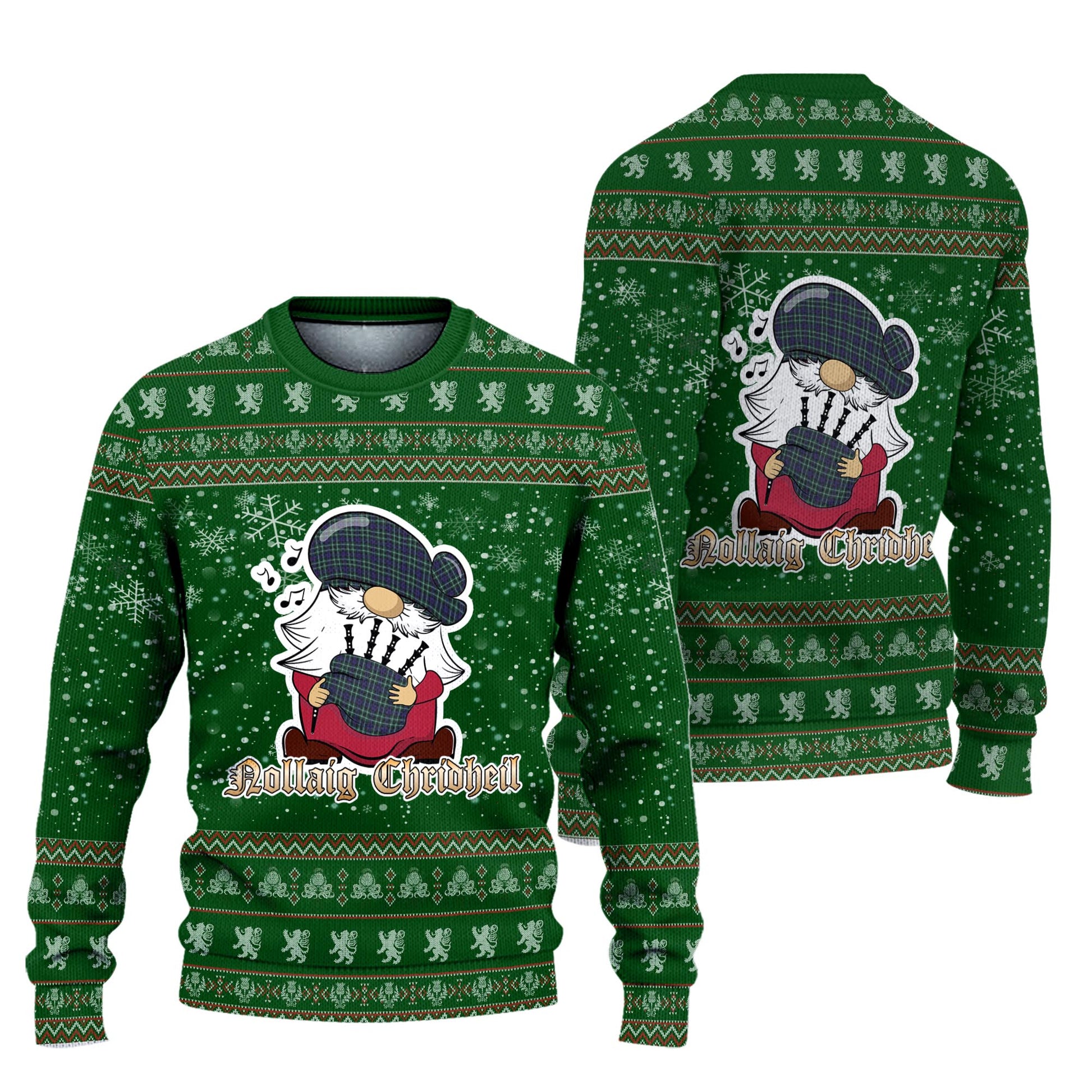 Allardice Clan Christmas Family Knitted Sweater with Funny Gnome Playing Bagpipes Unisex Green - Tartanvibesclothing