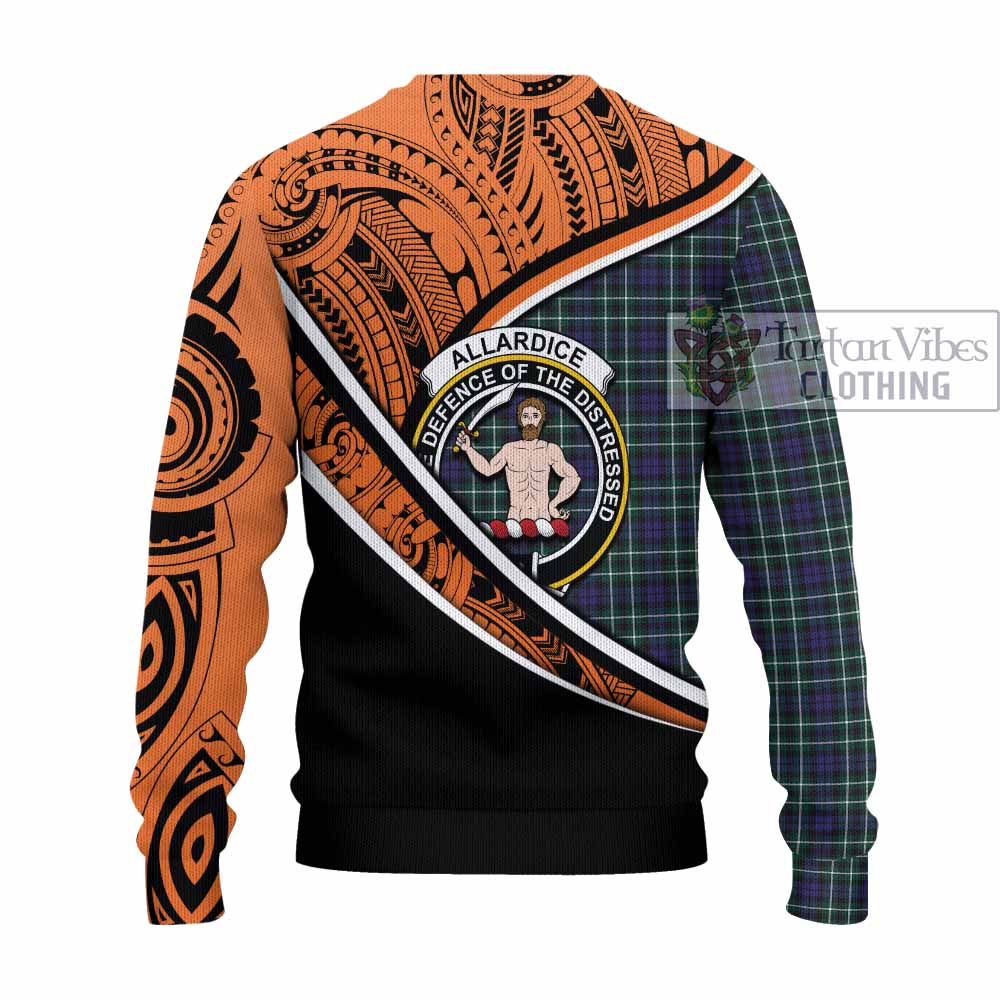 Tartan Vibes Clothing Allardice Crest Tartan Knitted Sweater with Maori Tattoo Style - Orange Version