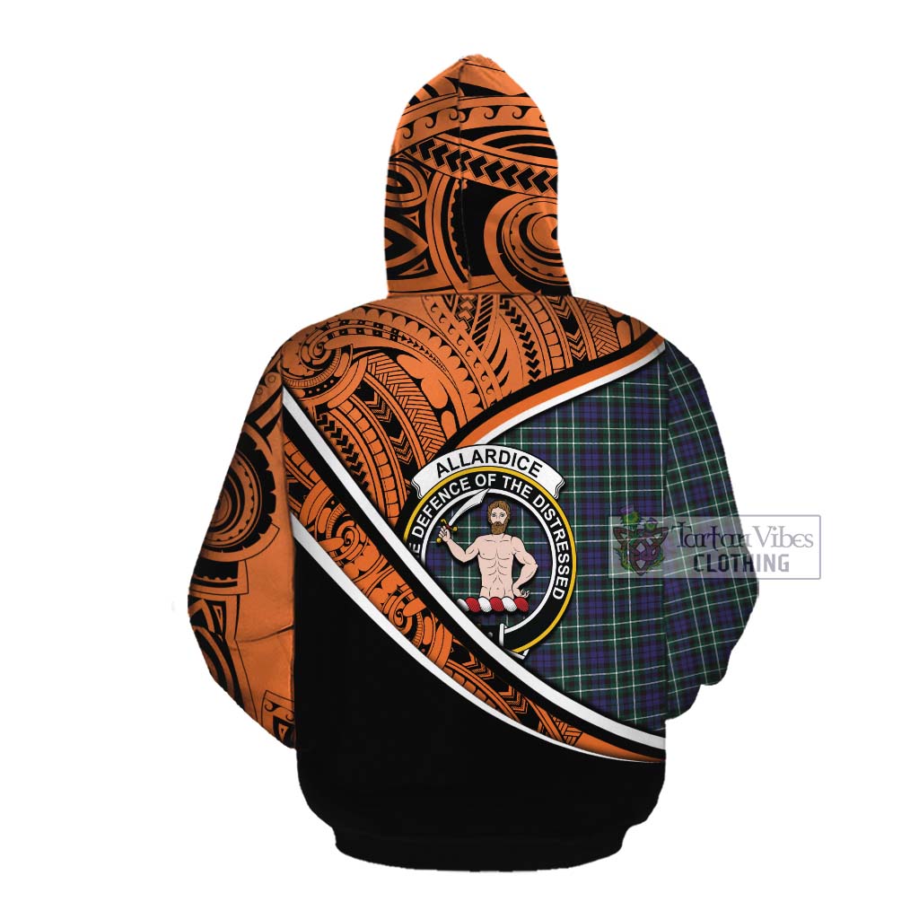 Tartan Vibes Clothing Allardice Crest Tartan Cotton Hoodie with Maori Tattoo Style - Orange Version