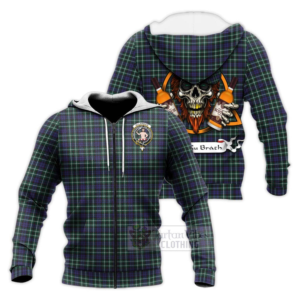 Tartan Vibes Clothing Allardice Tartan Knitted Hoodie with Family Crest and Bearded Skull Holding Bottles of Whiskey