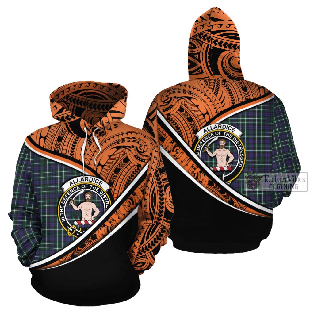 Tartan Vibes Clothing Allardice Crest Tartan Cotton Hoodie with Maori Tattoo Style - Orange Version