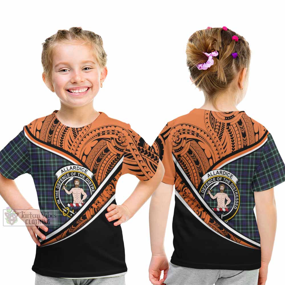 Tartan Vibes Clothing Allardice Crest Tartan Kid T-Shirt with Maori Tattoo Style - Orange Version