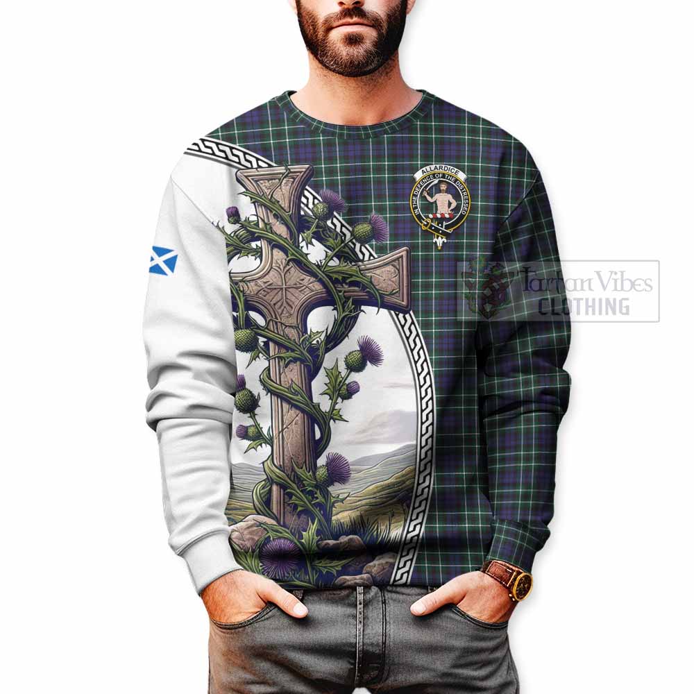 Tartan Vibes Clothing Allardice Tartan Sweatshirt with Family Crest and St. Andrew's Cross Accented by Thistle Vines