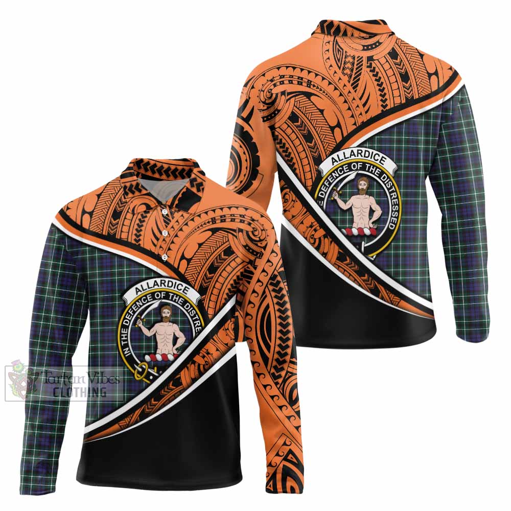 Tartan Vibes Clothing Allardice Crest Tartan Long Sleeve Polo Shirt with Maori Tattoo Style - Orange Version