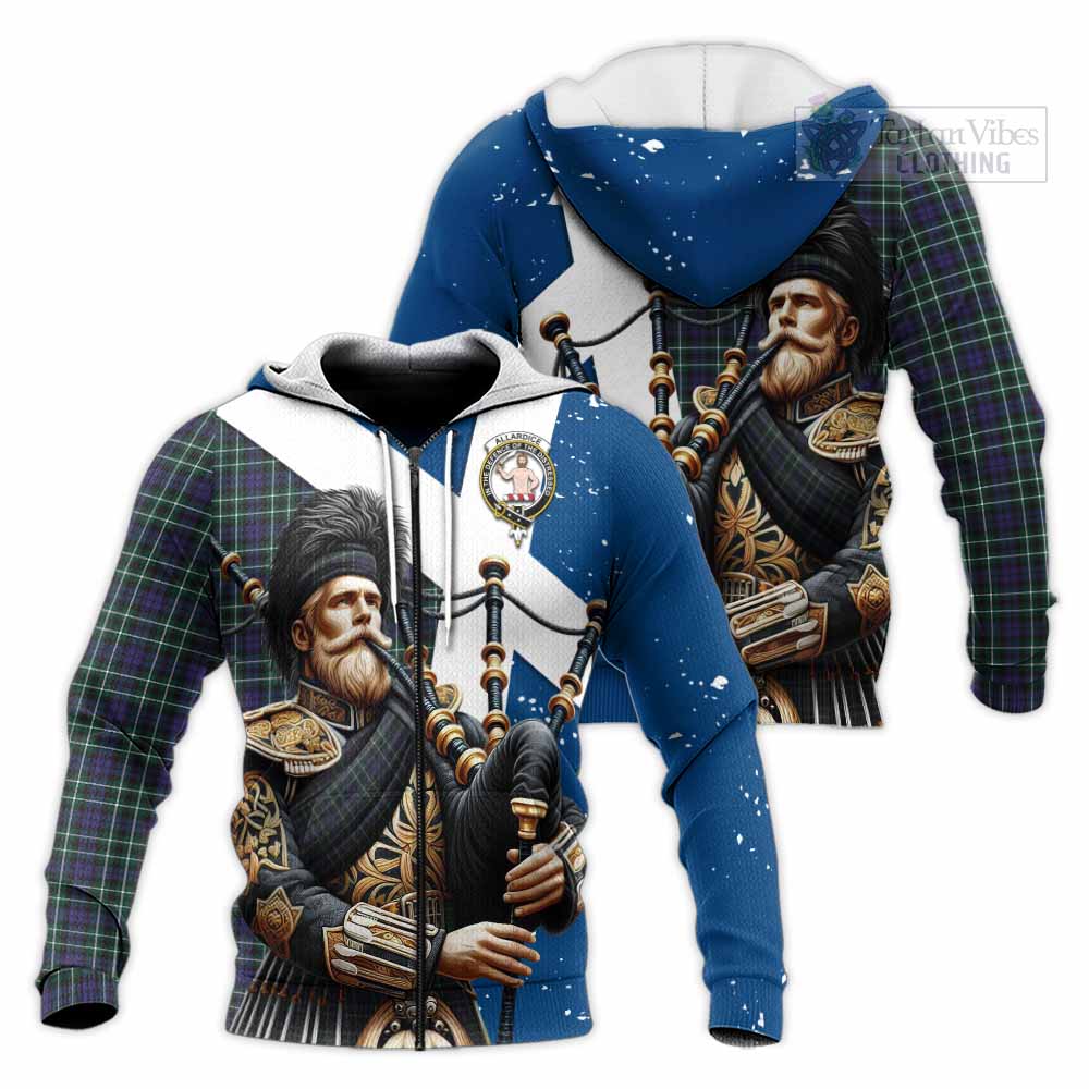 Tartan Vibes Clothing Allardice Tartan Knitted Hoodie with Family Crest Scottish Bagpiper Vibes