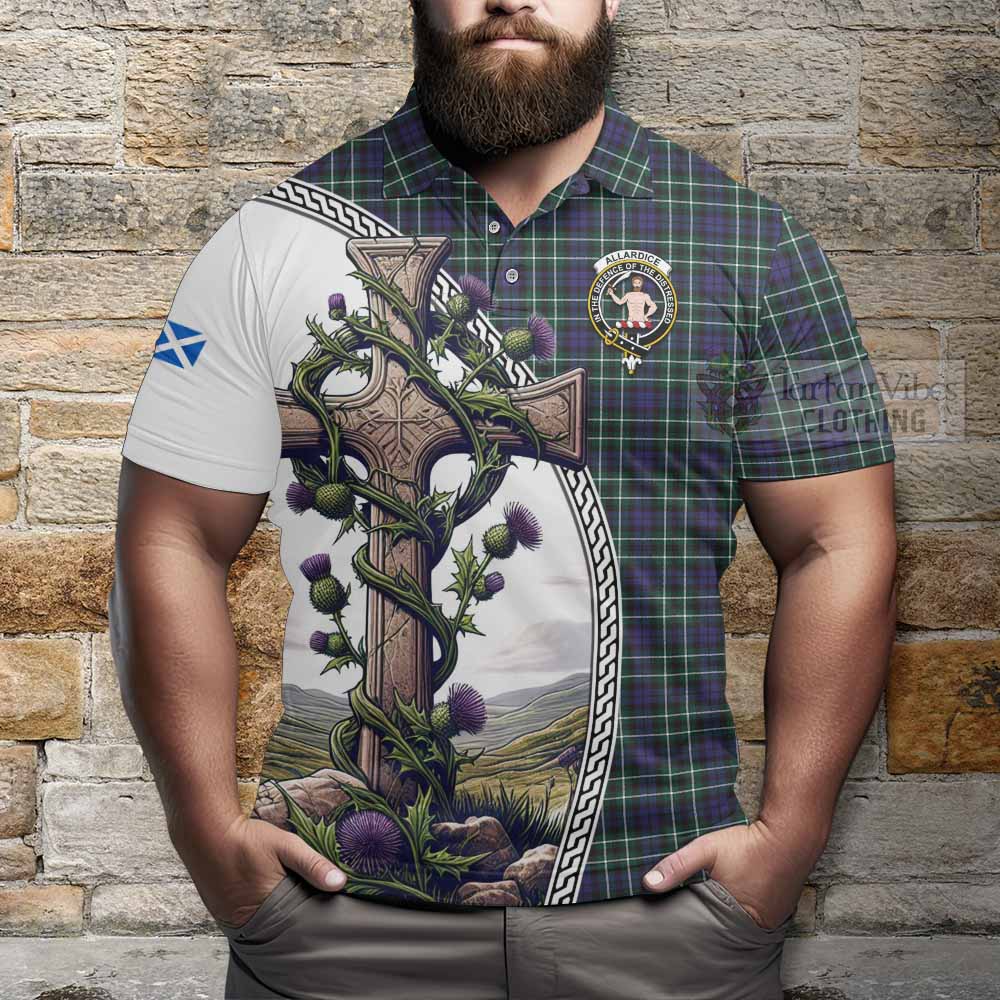 Tartan Vibes Clothing Allardice Tartan Polo Shirt with Family Crest and St. Andrew's Cross Accented by Thistle Vines