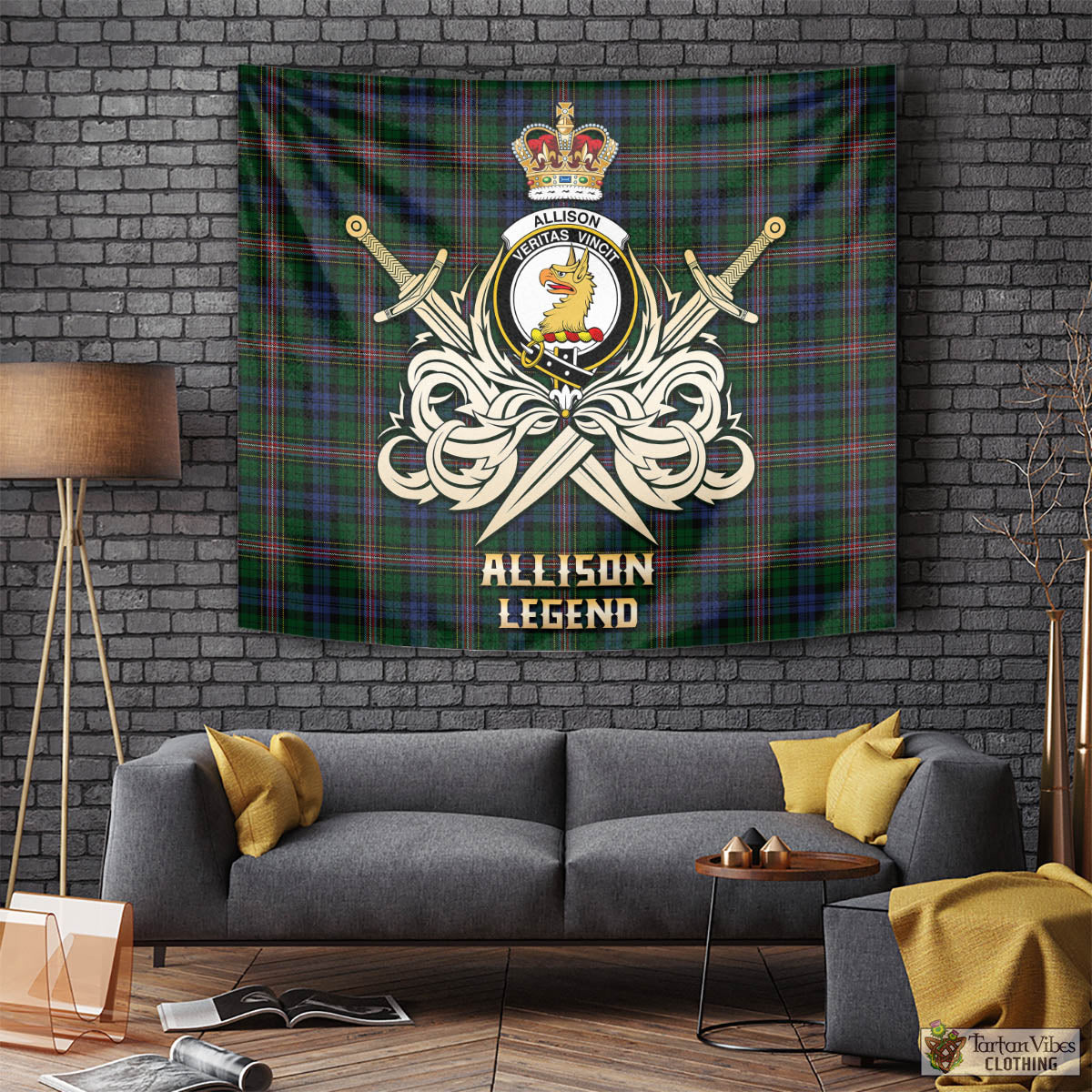 Tartan Vibes Clothing Allison Tartan Tapestry with Clan Crest and the Golden Sword of Courageous Legacy