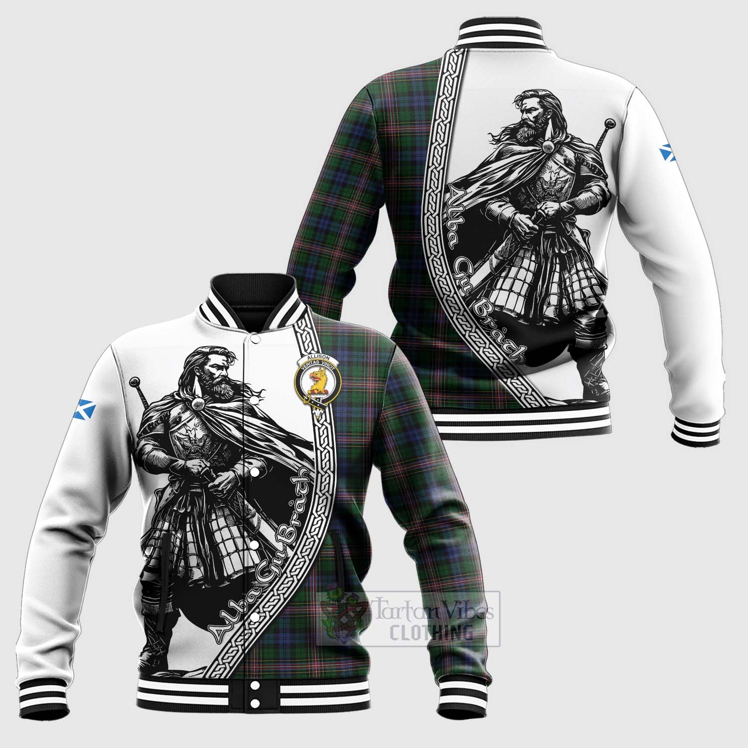 Tartan Vibes Clothing Allison Tartan Clan Crest Baseball Jacket with Highlander Warrior Celtic Style