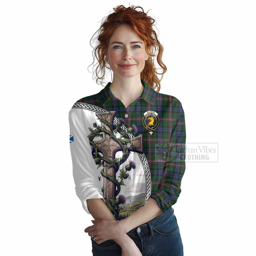 Tartan Vibes Clothing Allison Tartan Women's Casual Shirt with Family Crest and St. Andrew's Cross Accented by Thistle Vines