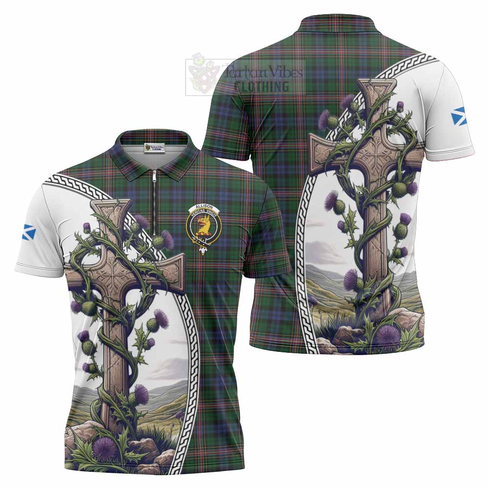 Tartan Vibes Clothing Allison Tartan Zipper Polo Shirt with Family Crest and St. Andrew's Cross Accented by Thistle Vines